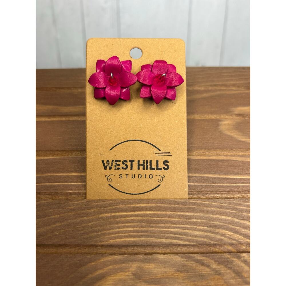 Genuine Leather Flower Earrings Bright Pink Pansy Post Earrings NEW!  FAST SHIP